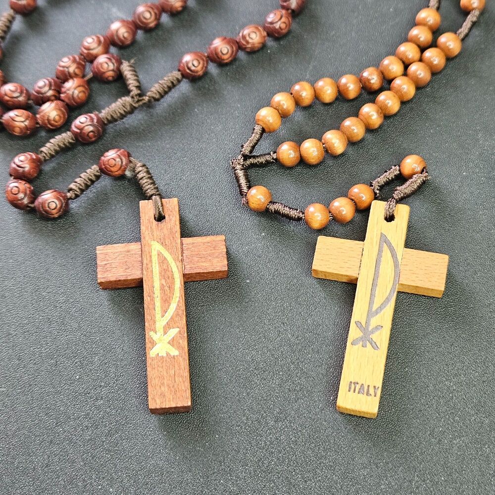 2 Vintage Wood Rosaries Made in Italy Chi Rho Crucifix, Seven Joys Assisi